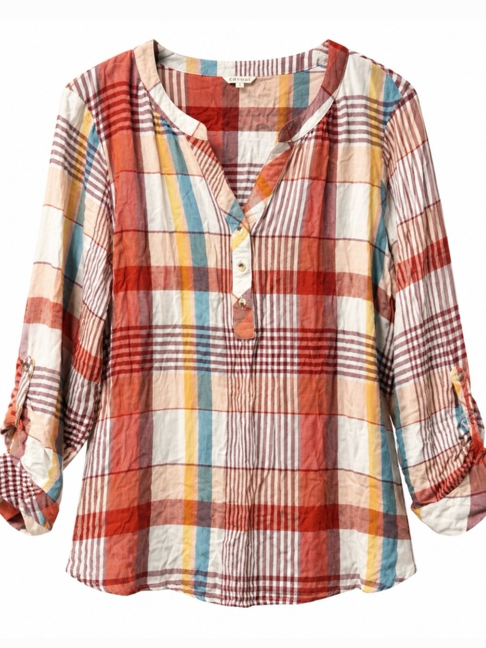 Cato Plaid Henley Blouse in Red, Yellow & Blue